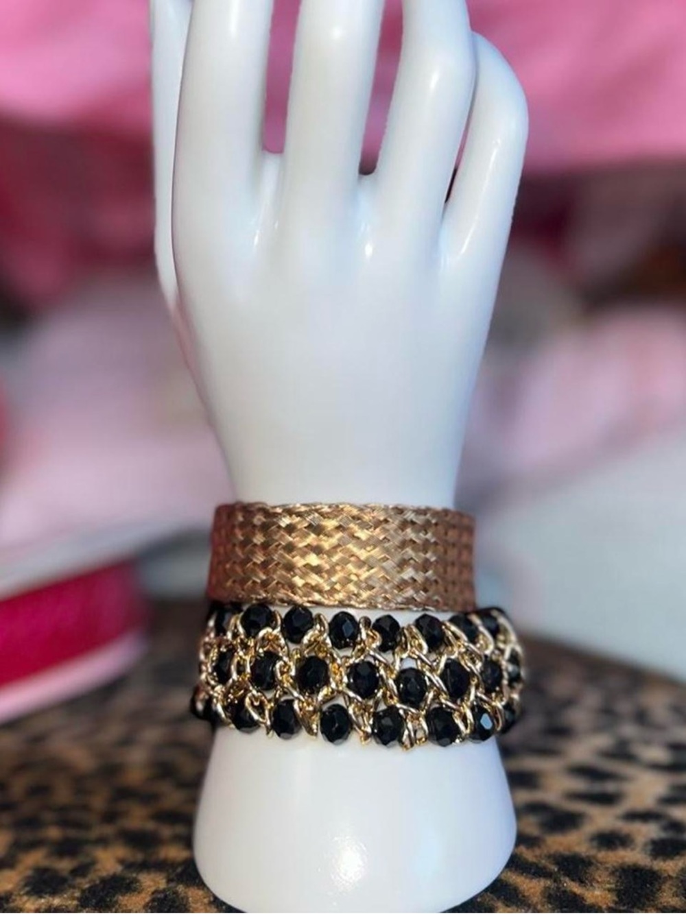 Vintage set of two Gold tone and black beaded bracelet